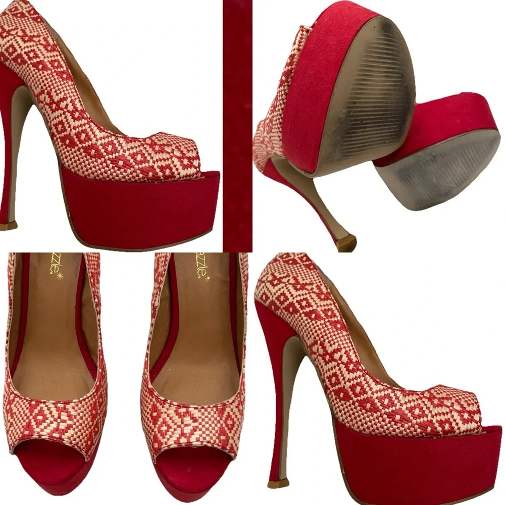 Shoe Dazzle Red and Cream Woven Platform Pumps with High Stiletto